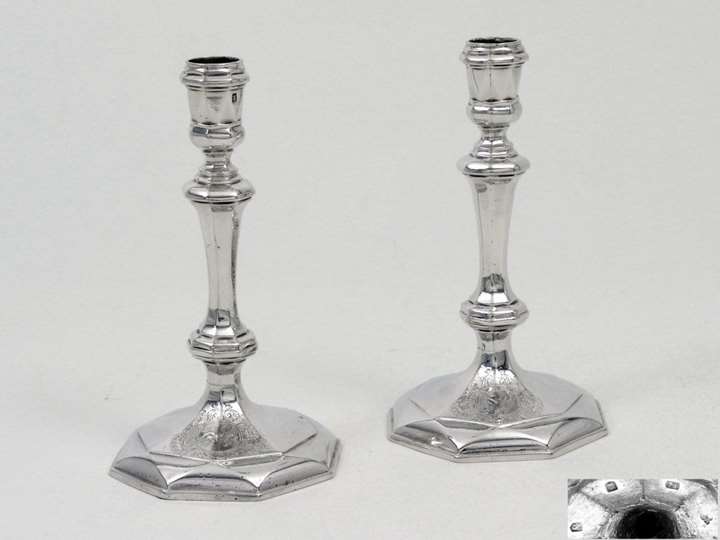 A Pair of George II Silver Candlesticks with Prismatic Decor